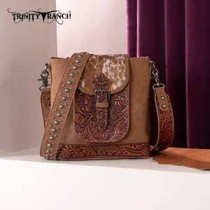 TR185G-9360  Trinity Ranch Genuine Hair-On Cowhide Tooled Concealed Carry Crossbody Bag- Brown