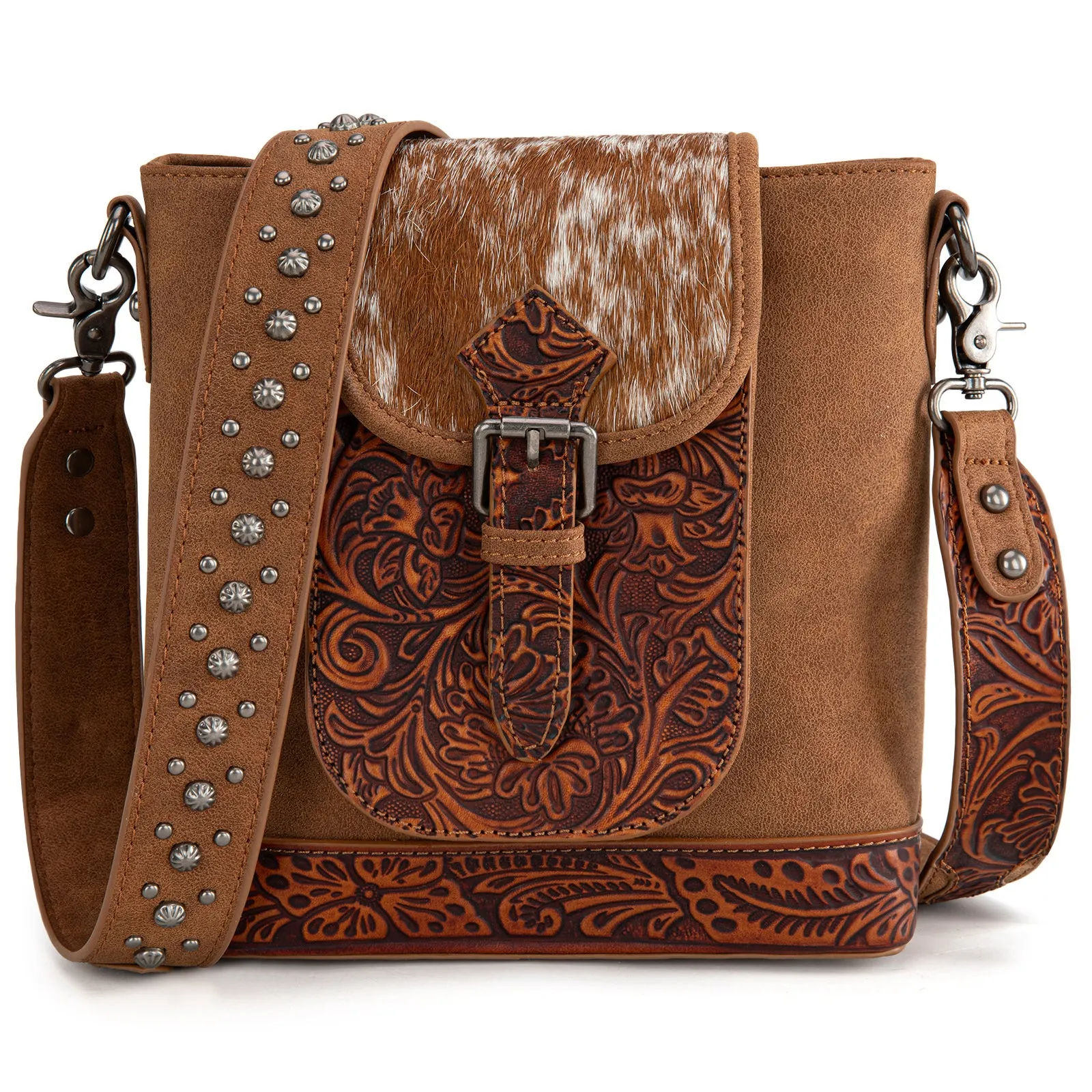 TR185G-9360  Trinity Ranch Genuine Hair-On Cowhide Tooled Concealed Carry Crossbody Bag- Brown