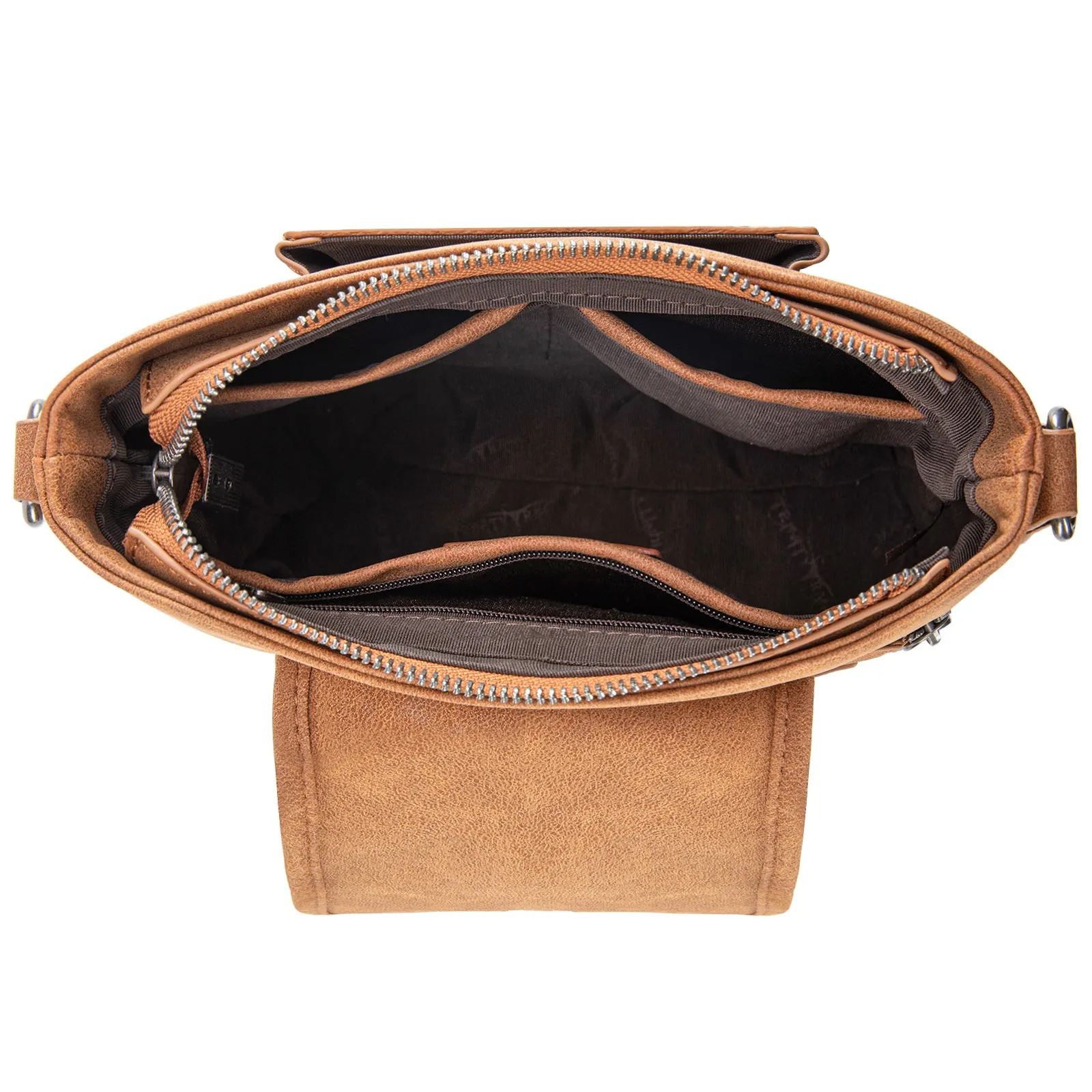 TR185G-9360  Trinity Ranch Genuine Hair-On Cowhide Tooled Concealed Carry Crossbody Bag- Brown