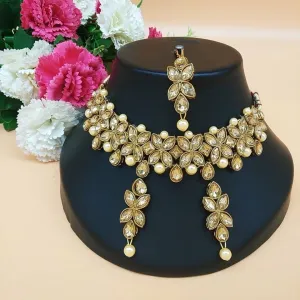 Trendy Pearl Choker with Earring and Mangtika for Women