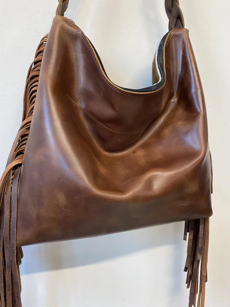 Tricolor cowhide leather bag with fringe