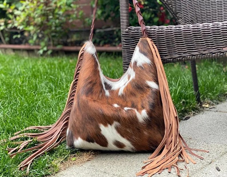 Tricolor cowhide leather bag with fringe