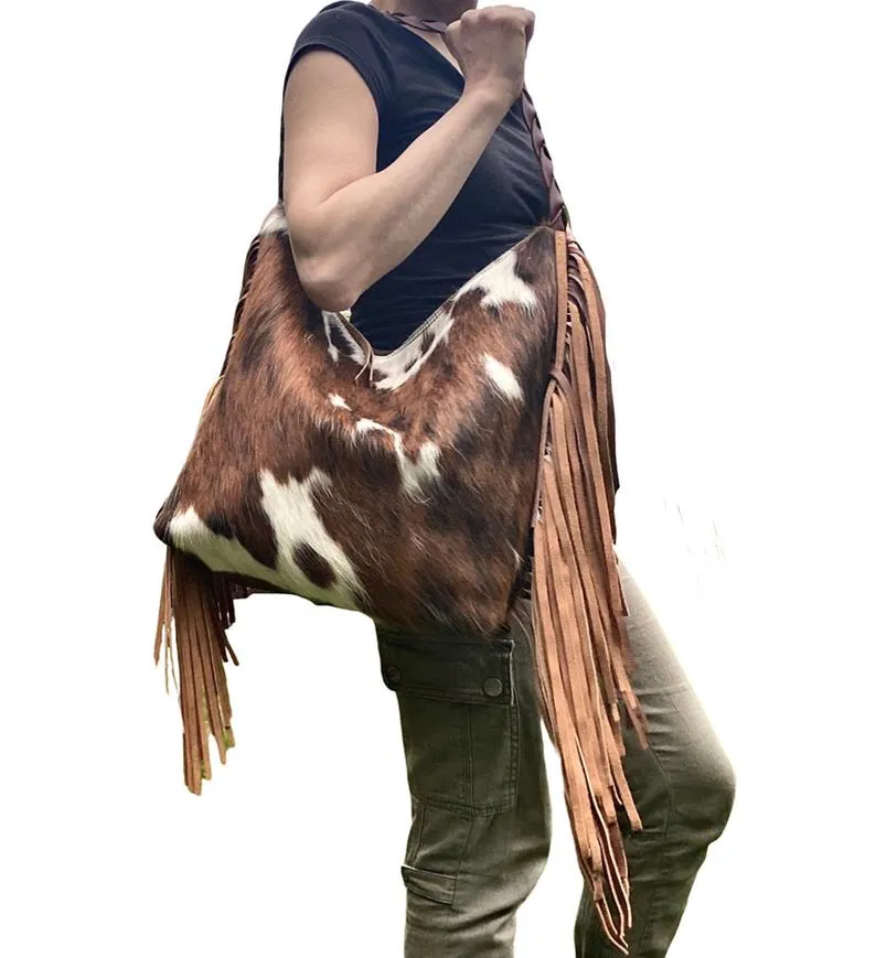 Tricolor cowhide leather bag with fringe