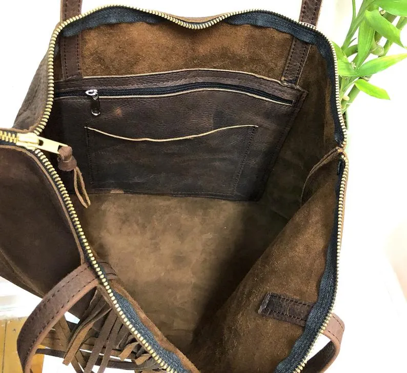 Tricolor cowhide leather bag with fringe