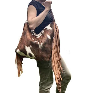 Tricolor cowhide leather bag with fringe