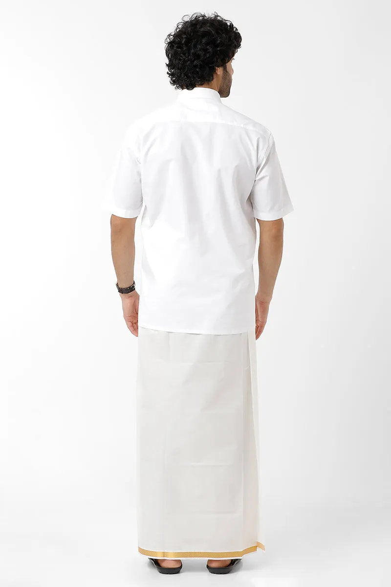 Uathayam Ever Jari Cotton Solid Fancy Shirt and  Golden Yellow Small Border Dhoti For Men