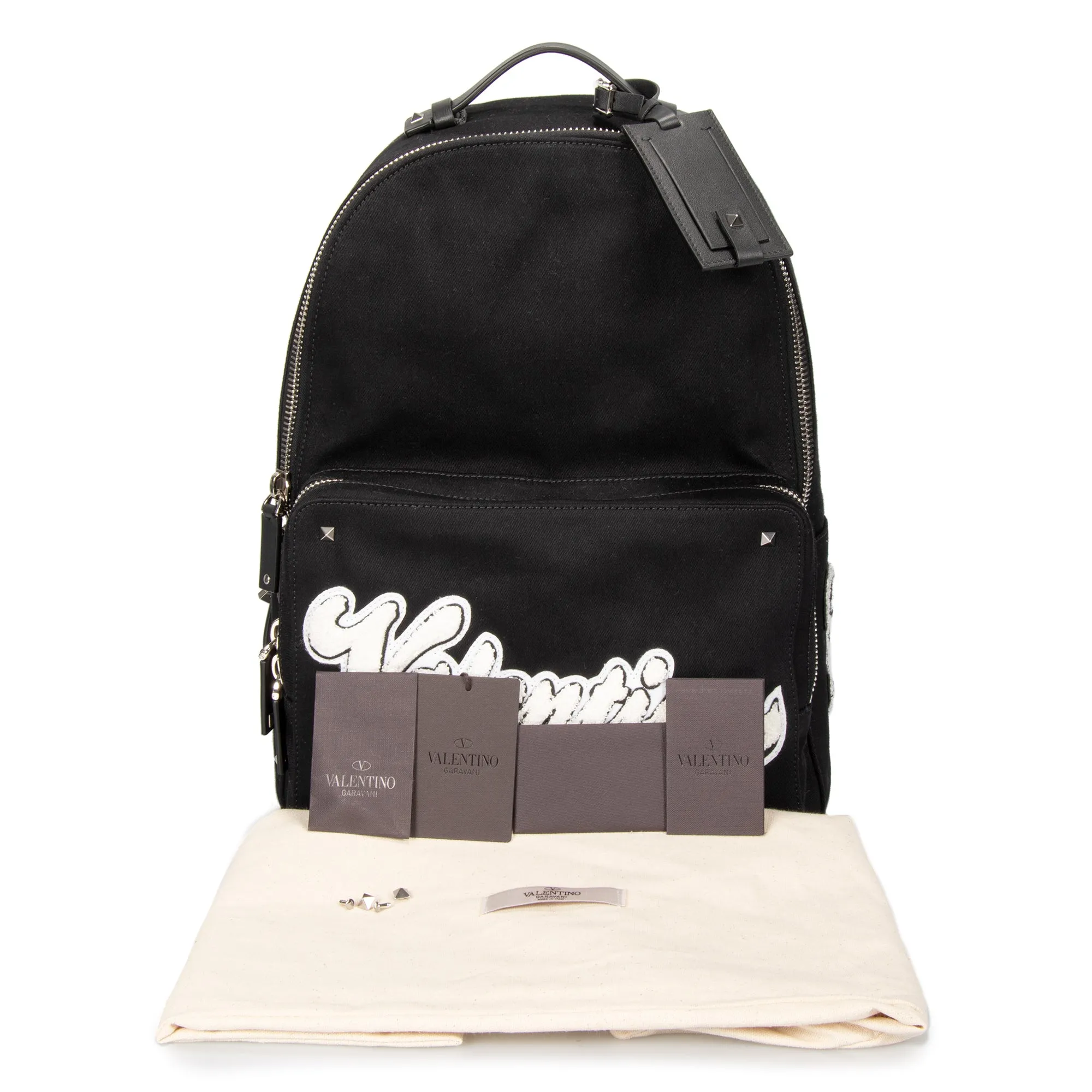 Valentino Black Fabric Backpack with Logo Applique