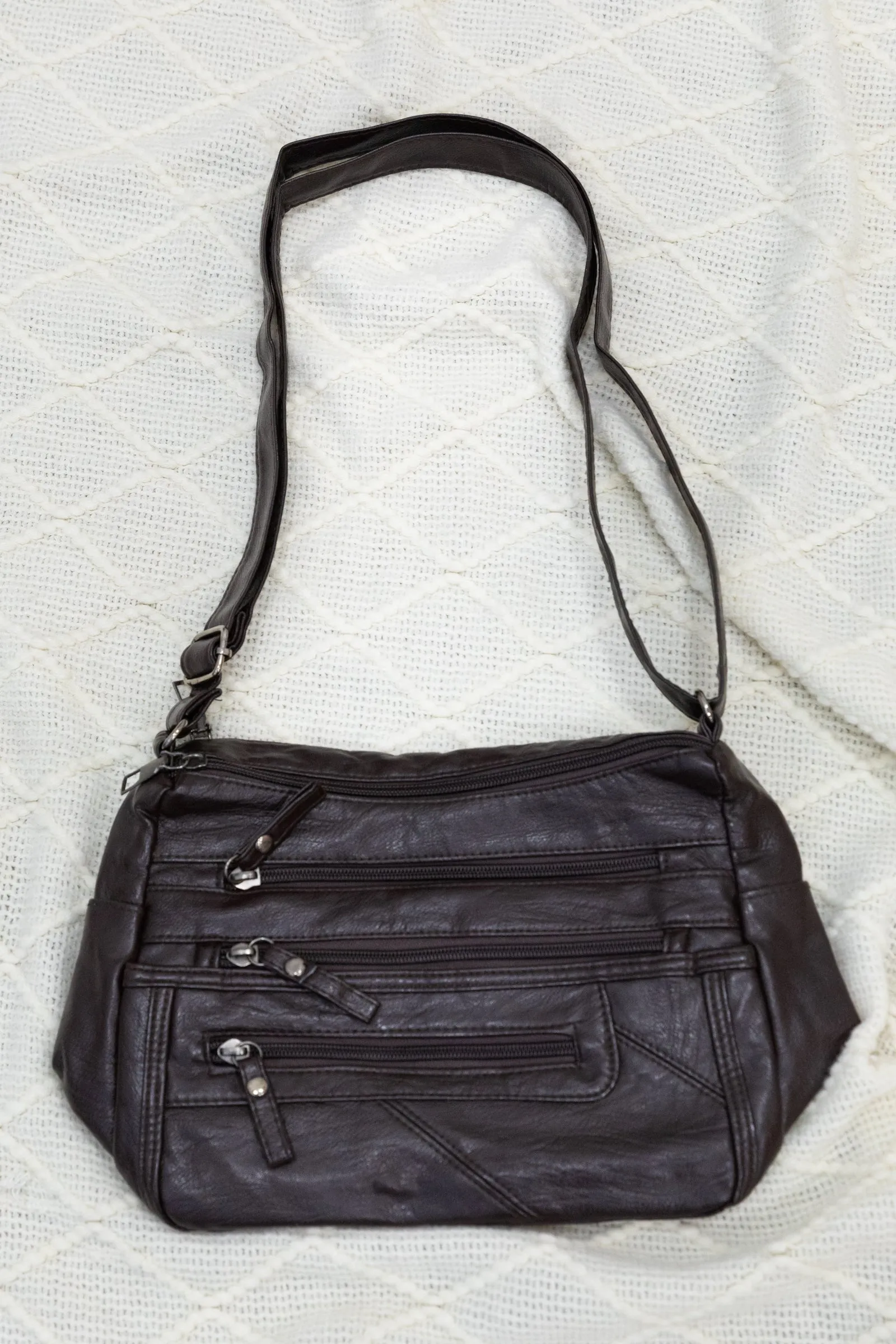 Vegan Leather Multi Zippers Crossbody Bag