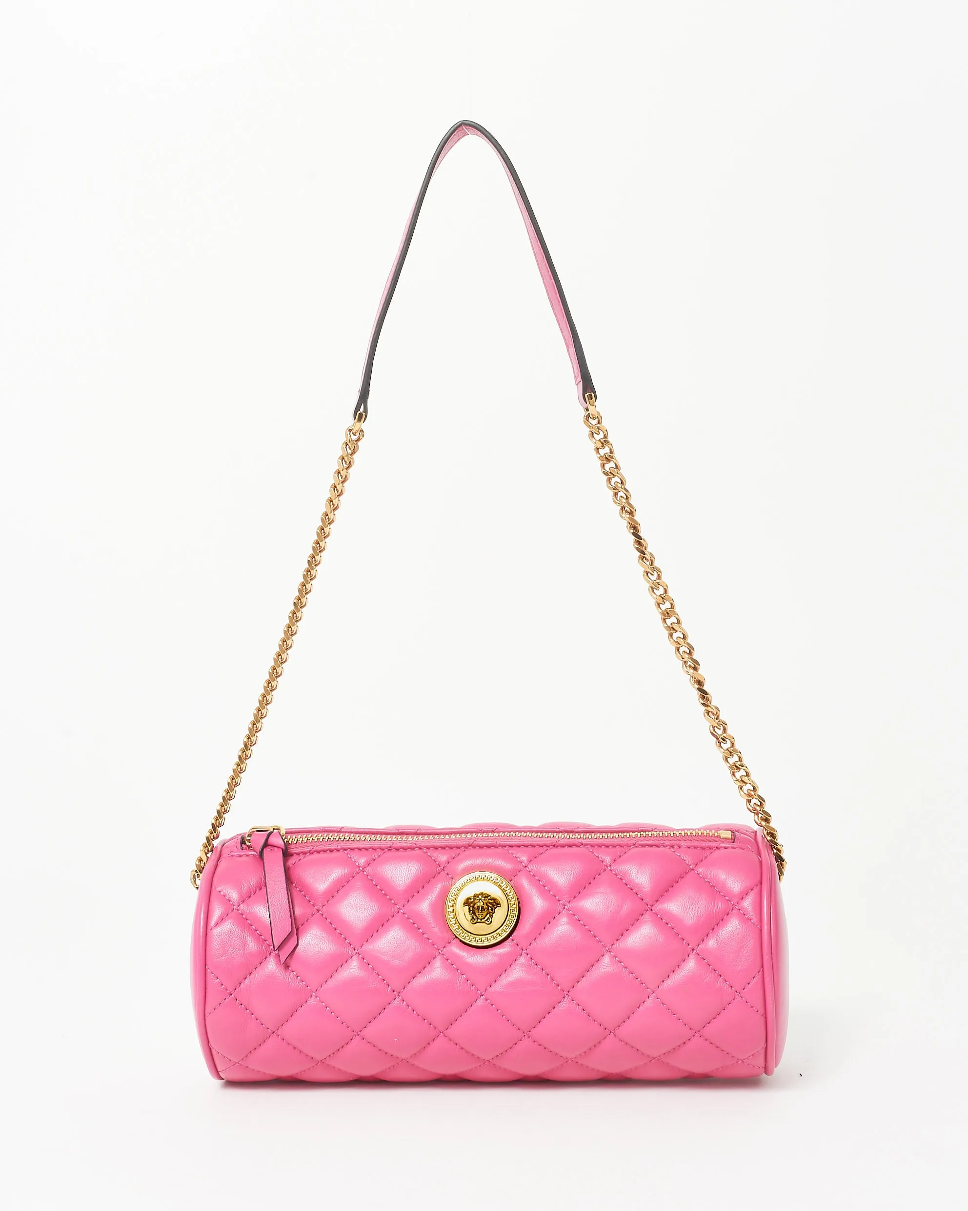 Versace Pink Leather & Gold Medusa Head Cylindrical Shoulder Bag
