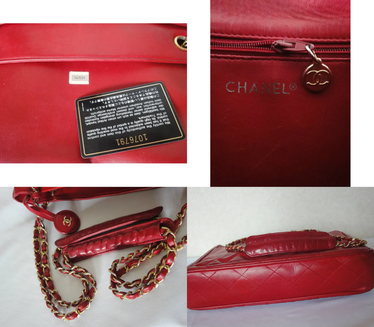 Vintage CHANEL red calfskin classic shoulder tote bag with gold tone chains and CC charm. Classic purse. 0506284