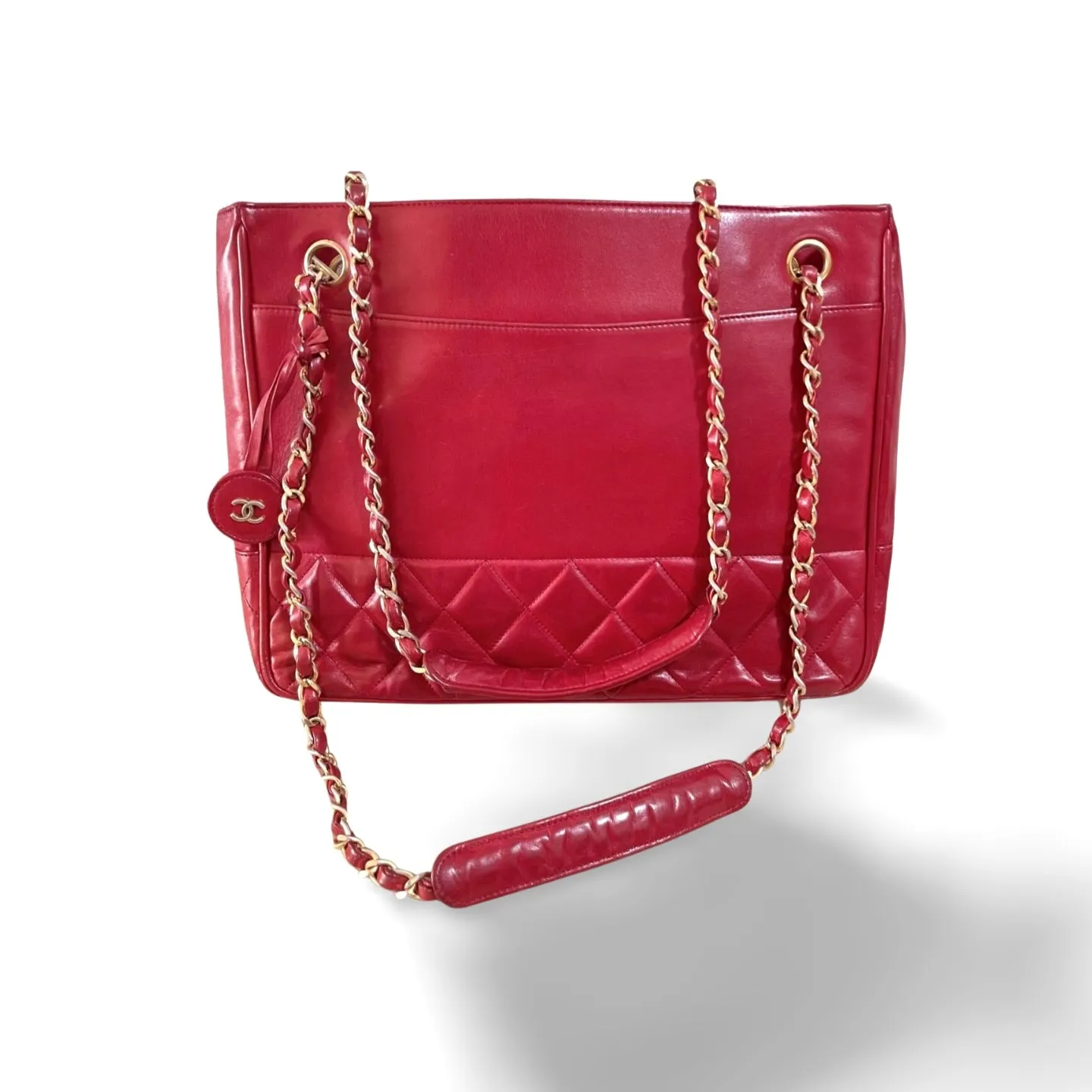 Vintage CHANEL red calfskin classic shoulder tote bag with gold tone chains and CC charm. Classic purse. 0506284