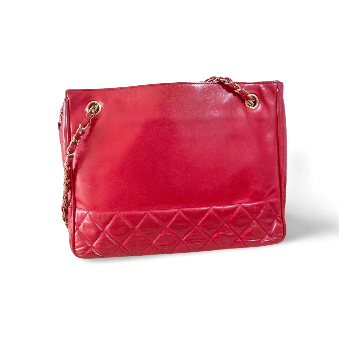 Vintage CHANEL red calfskin classic shoulder tote bag with gold tone chains and CC charm. Classic purse. 0506284