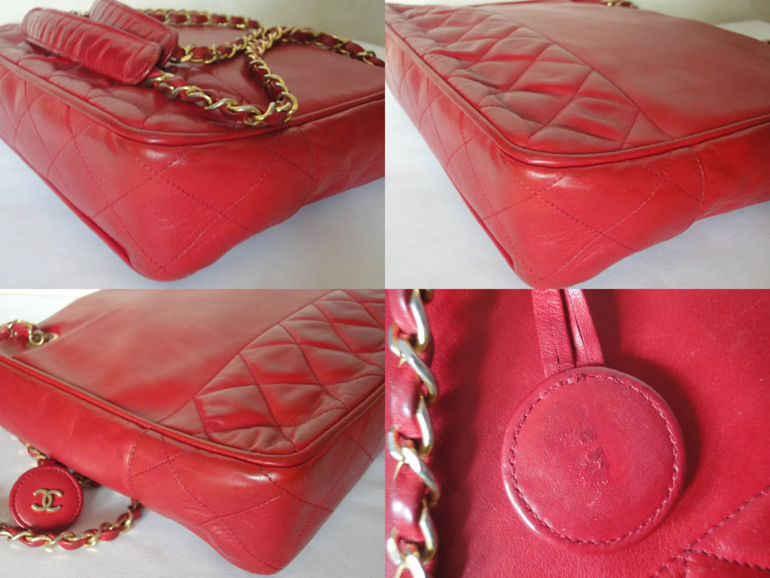 Vintage CHANEL red calfskin classic shoulder tote bag with gold tone chains and CC charm. Classic purse. 0506284