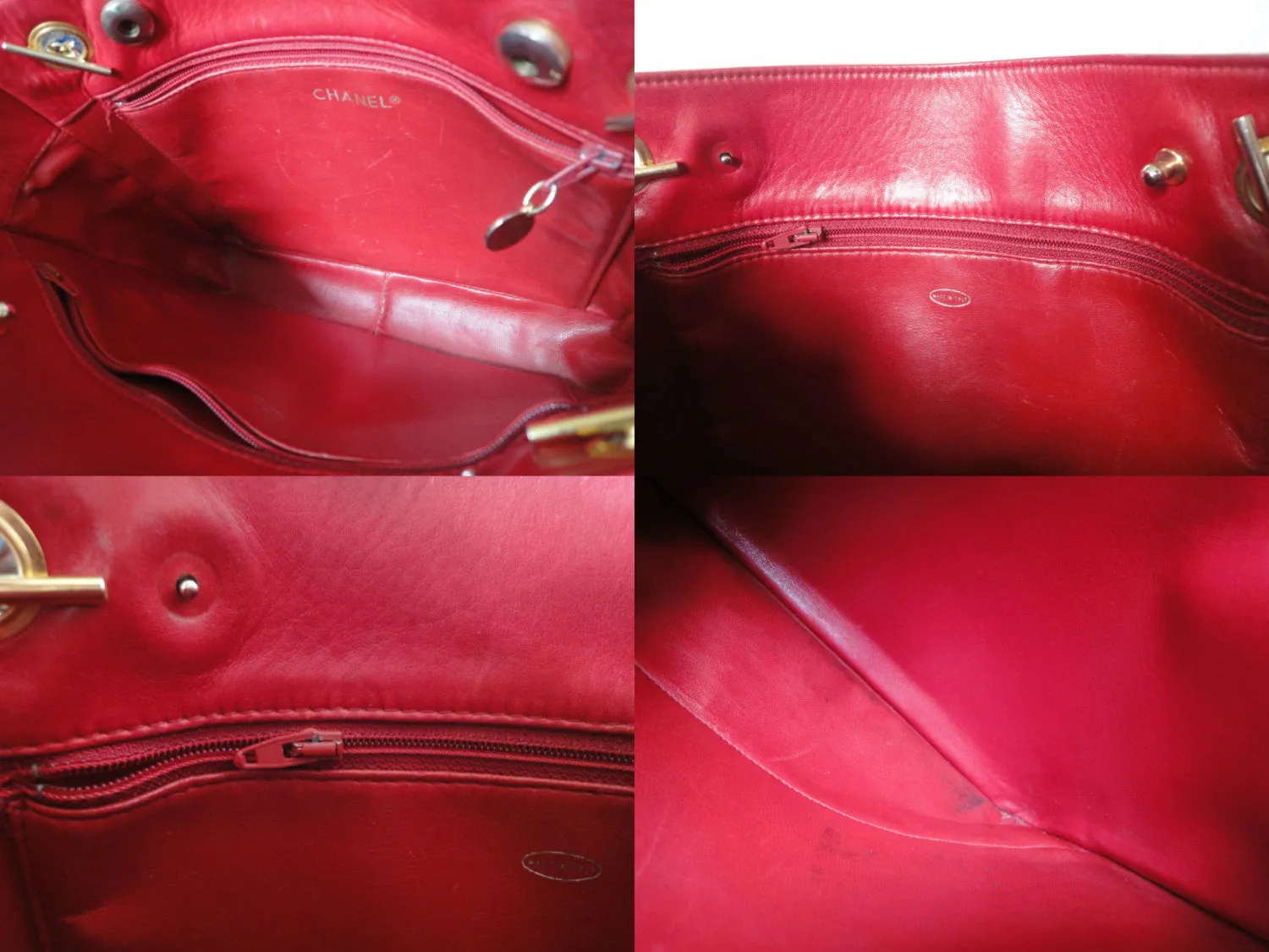 Vintage CHANEL red calfskin classic shoulder tote bag with gold tone chains and CC charm. Classic purse. 0506284