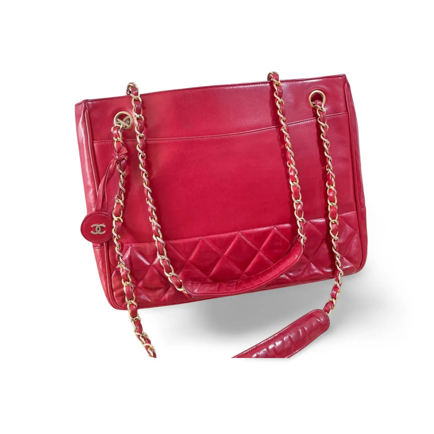 Vintage CHANEL red calfskin classic shoulder tote bag with gold tone chains and CC charm. Classic purse. 0506284