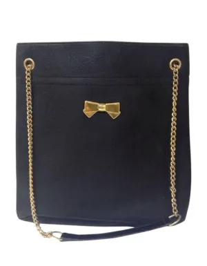 Vintage Nina Ricci black tote bag with golden chain straps with golden logo bow, ribbon shape motif. Perfect daily purse