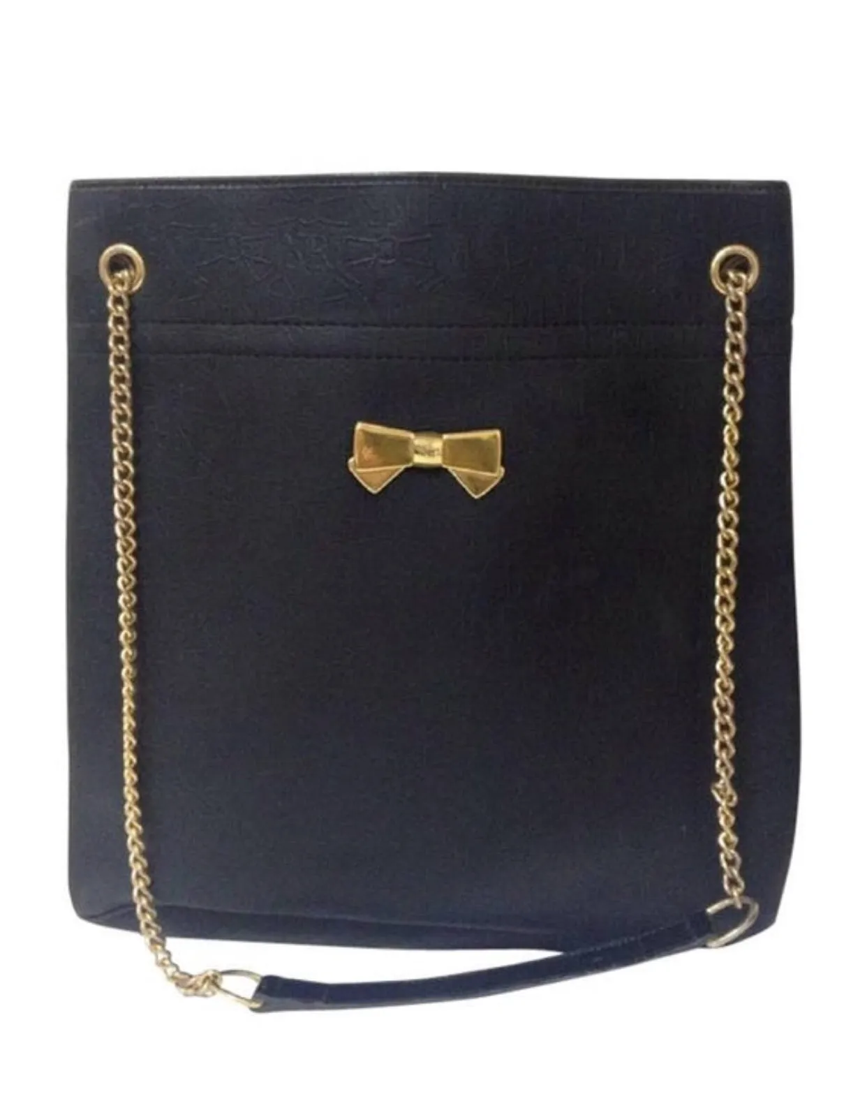 Vintage Nina Ricci black tote bag with golden chain straps with golden logo bow, ribbon shape motif. Perfect daily purse