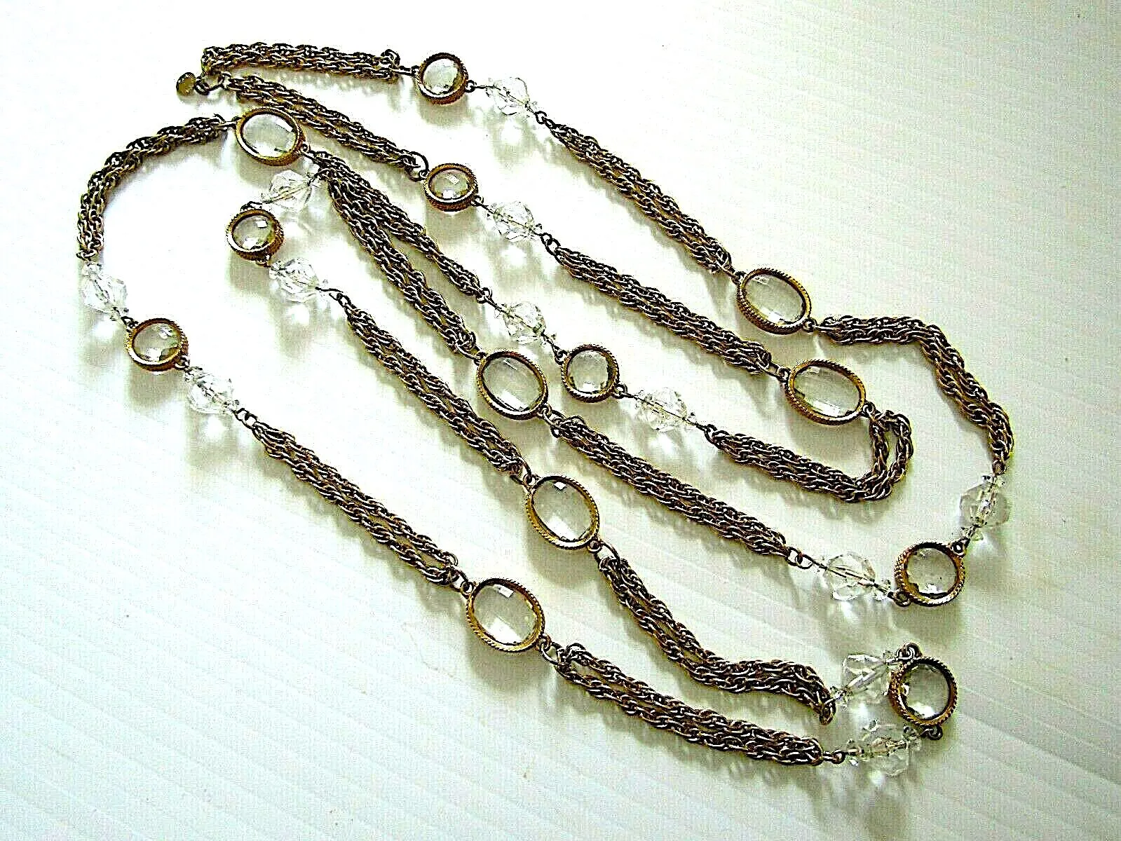 Vintage Signed Accessocraft 58" Faceted Open Back Crystals Chain Necklace