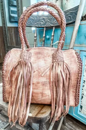 Weathered Tan Leather Tote with Fringe Tassels
