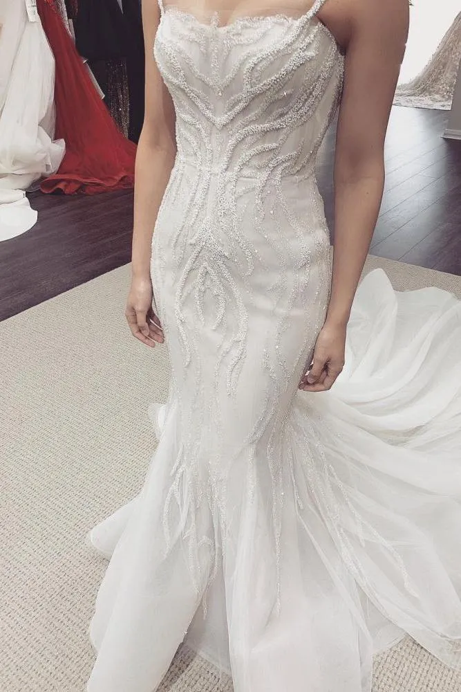White Illusion neck White Sleeveless Mermaid Wedding Dress with Overskirt