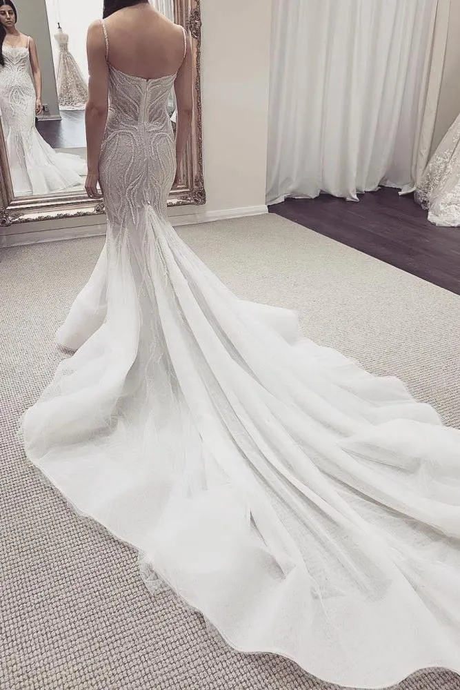 White Illusion neck White Sleeveless Mermaid Wedding Dress with Overskirt