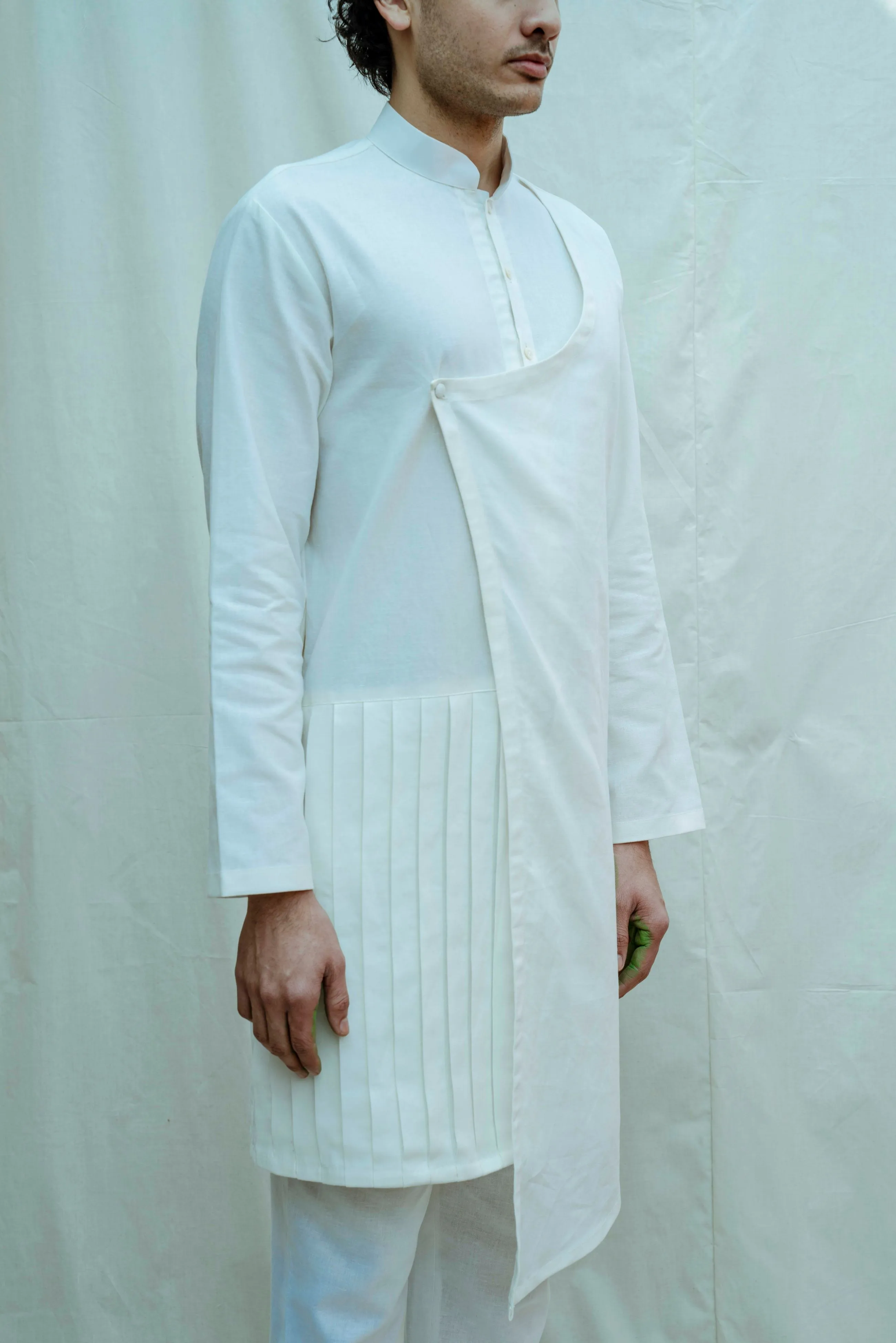 White Pleated Angrakha Kurta