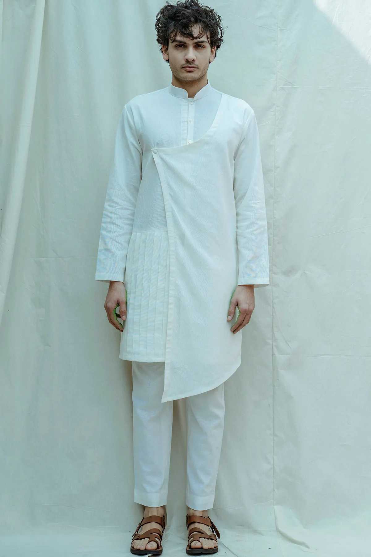 White Pleated Angrakha Kurta