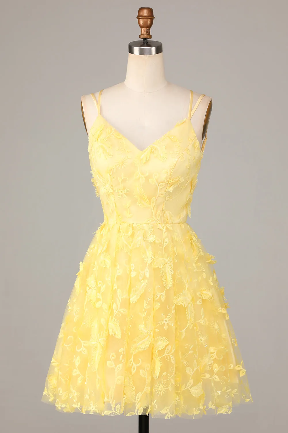 Yellow A-Line Spaghetti Straps Short Homecoming Dress with Appliques