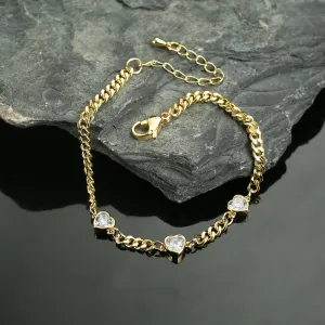 Yellow Gold Plated Trendy Cuban Link Cubic Zirconia Heart Bracelet