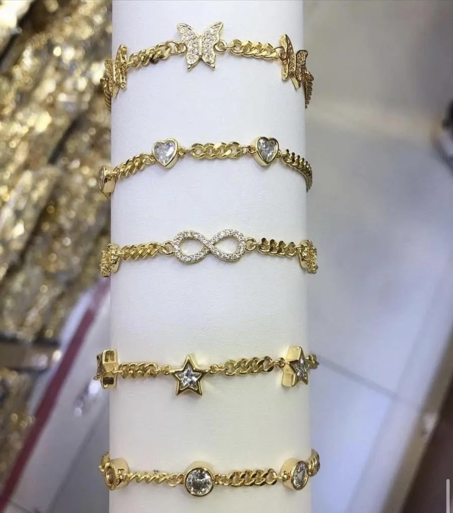 Yellow Gold Plated Trendy Cuban Link Cubic Zirconia Heart Bracelet