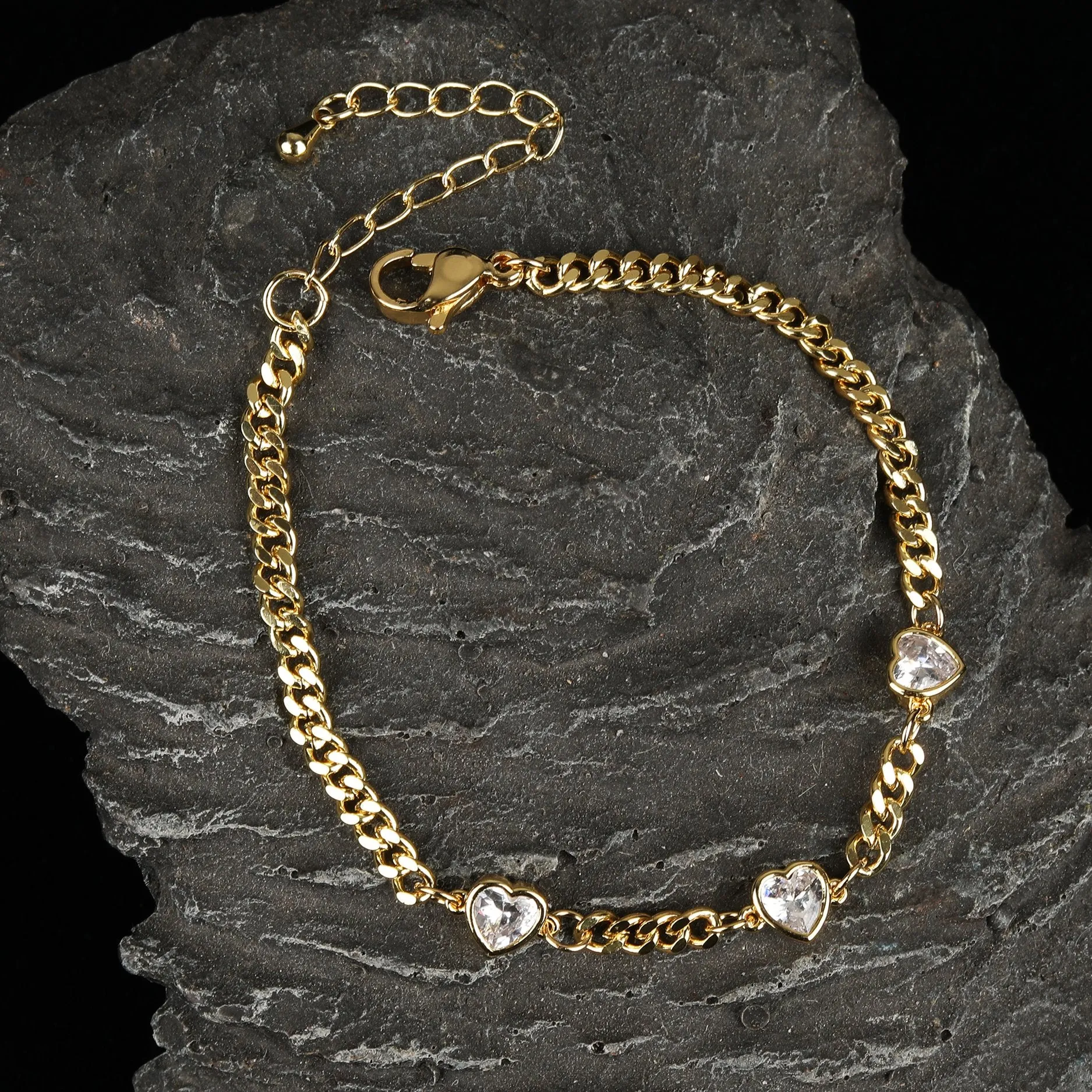 Yellow Gold Plated Trendy Cuban Link Cubic Zirconia Heart Bracelet