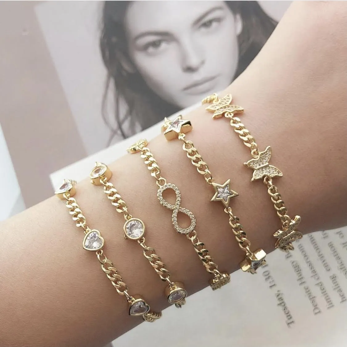 Yellow Gold Plated Trendy Cuban Link Cubic Zirconia Heart Bracelet