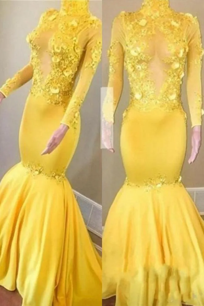 Yellow High Neck Flower Appliques Mermaid Long Sleevess Prom Dresses
