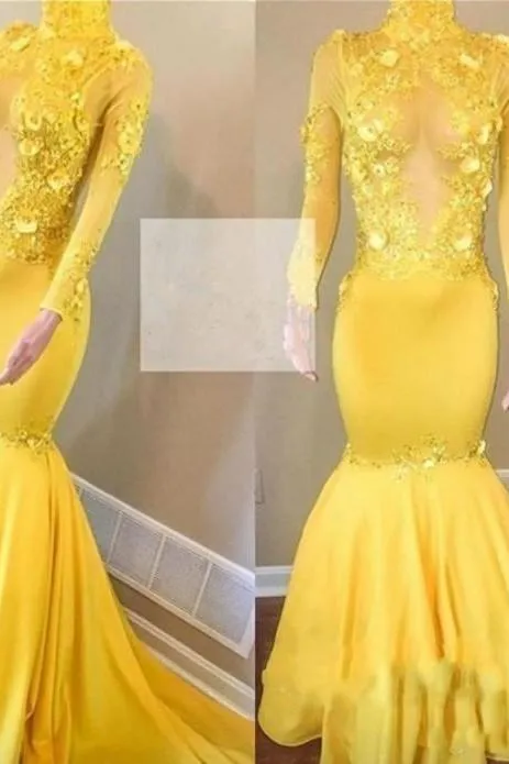 Yellow High Neck Flower Appliques Mermaid Long Sleevess Prom Dresses